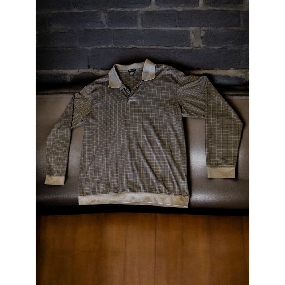 Vintage Kate Spade KnightsBridge Men XL LS Golf Polo Black Gold Squares Cotton